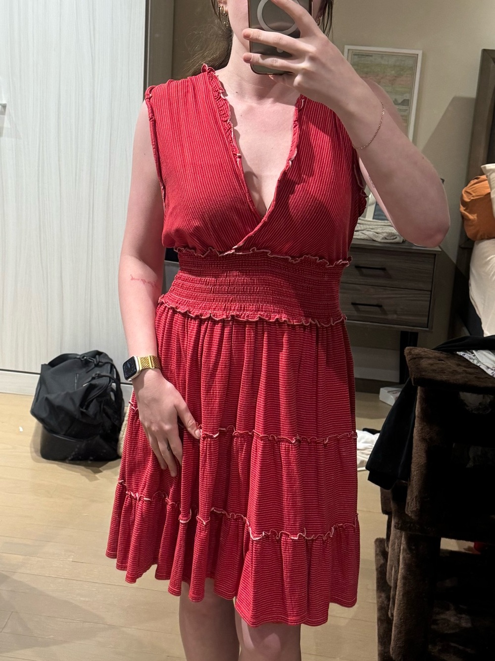 Max Studio Red Sleeveless Tiered V-Neck Mini Dress